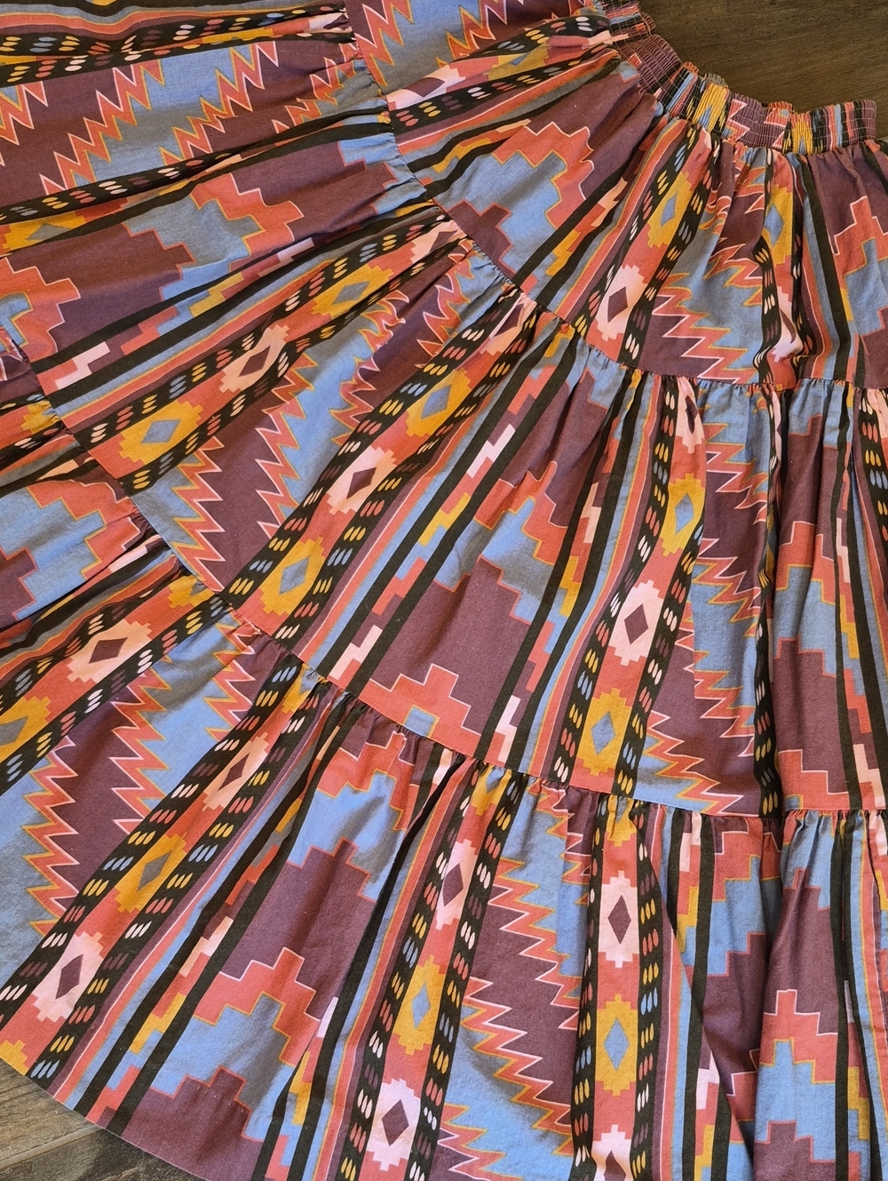 XXS-M Vtg Rockmount Ranch Wear Aztec Print Tiered Elastic Waist Midi Skirt - Picture 13 of 15